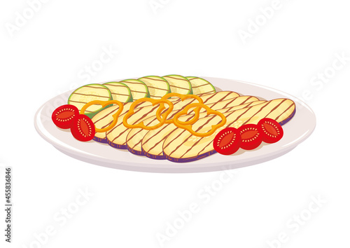 Grilled eggplant and zucchini with bell pepper and cherry tomatoes on a plate. Mediterranean cuisine  traditional dish. Healthy vegetarian food, diet meal. Vector illustration, cartoon, icon, object