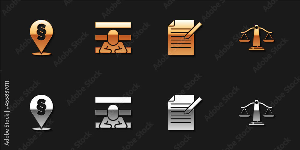 Set Location law, Prisoner, Document and pen and Scales of justice icon. Vector Set Location law, Prisoner, Document and pen and Scales of justice icon. Vector