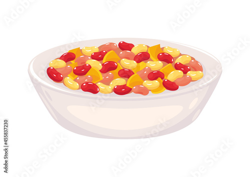 Dish of beans on a plate. Stewed, boiled beans in tomato sauce with vegetables. Mediterranean, Arabic, Oriental cuisine, traditional dish. Healthy vegetarian food. Vector illustration, cartoon, simbol
