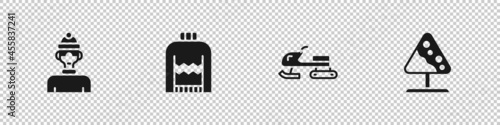 Set Winter athlete, Christmas sweater, Snowmobile and Road sign avalanches icon. Vector