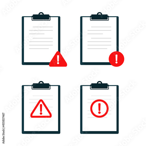 Clipbosrd with exclamation mark. File document error notification design concept. Illustration vector