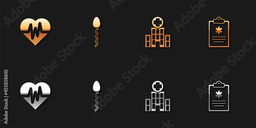 Set Heart rate, Sperm, Medical hospital building and Clinical record icon. Vector