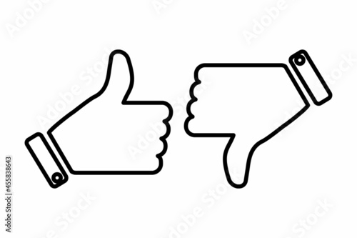 Black thumbs up and thumbs down silhouette icon set. Media communication emblem. Vector illustration. Stock image.