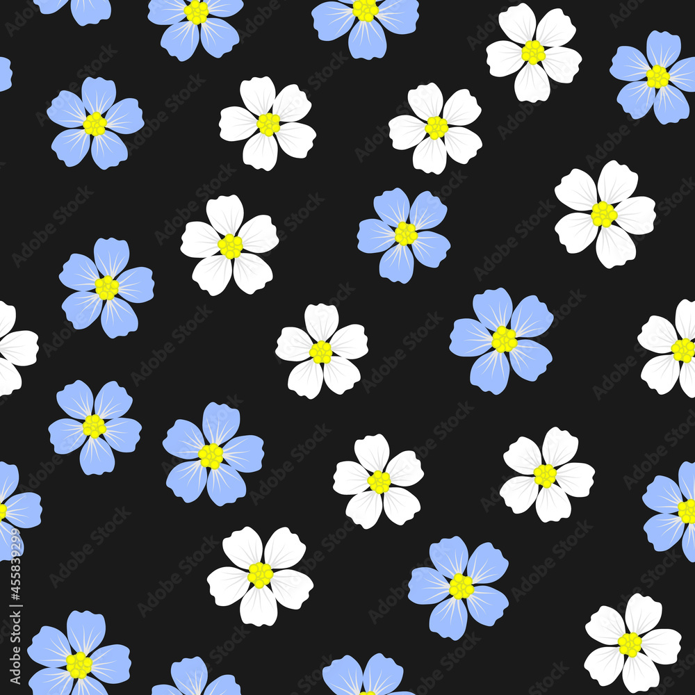 Seamless pattern with white and blue flowers on black Seamless pattern with white and blue flowers on black