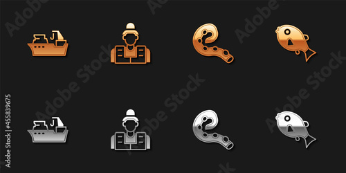 Set Fishing boat, Fisherman, Octopus of tentacle and Tropical fish icon. Vector