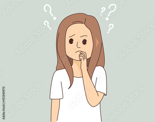Young confused woman feeling frustration, doubt, having no idea concept standing and expressing uncertainty with difficult situation trying to find solution thinking