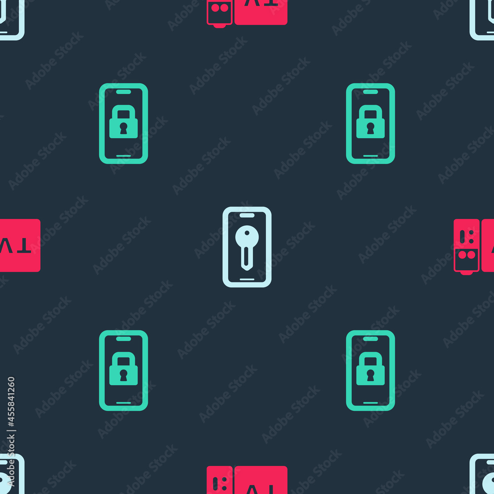 Set Multimedia and TV box receiver, Smart key and Digital door lock on seamless pattern. Vector Set Multimedia and TV box receiver, Smart key and Digital door lock on seamless pattern. Vector