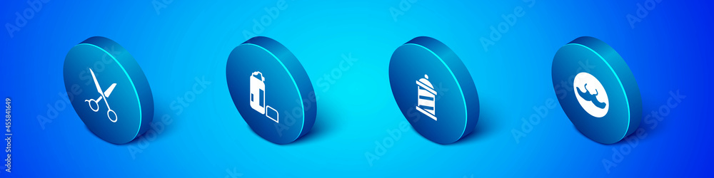 Set Isometric Scissors hairdresser, Barber shop pole, Mustache and Shaving gel foam icon. Vector Set Isometric Scissors hairdresser, Barber shop pole, Mustache and Shaving gel foam icon. Vector