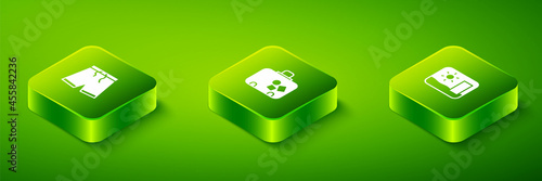 Set Isometric Suitcase, Travel postcard and Swimming trunks icon. Vector