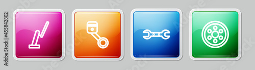 Set line Windscreen wiper, Engine piston, Wrench spanner and Alloy wheel. Colorful square button. Vector
