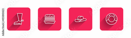 Set line Cowboy boot, Burger, Western cowboy hat and Donut with long shadow. Red square button. Vector