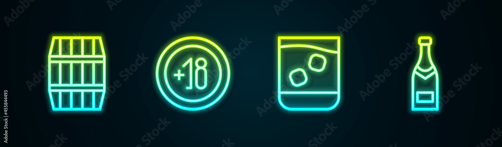 Set line Wooden barrel, Alcohol 18 plus, Glass of whiskey and Champagne bottle. Glowing neon icon. Vector Set line Wooden barrel, Alcohol 18 plus, Glass of whiskey and Champagne bottle. Glowing neon icon. Vector