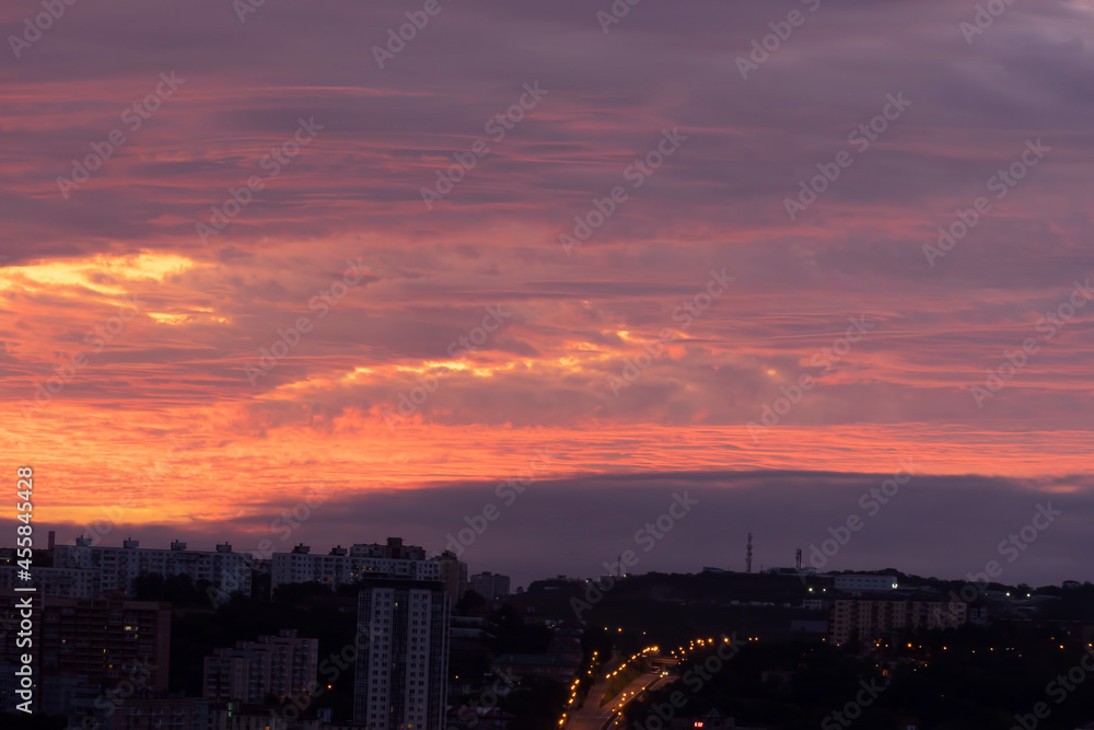Beautiful sunrise over the city landscape. Vladivostok