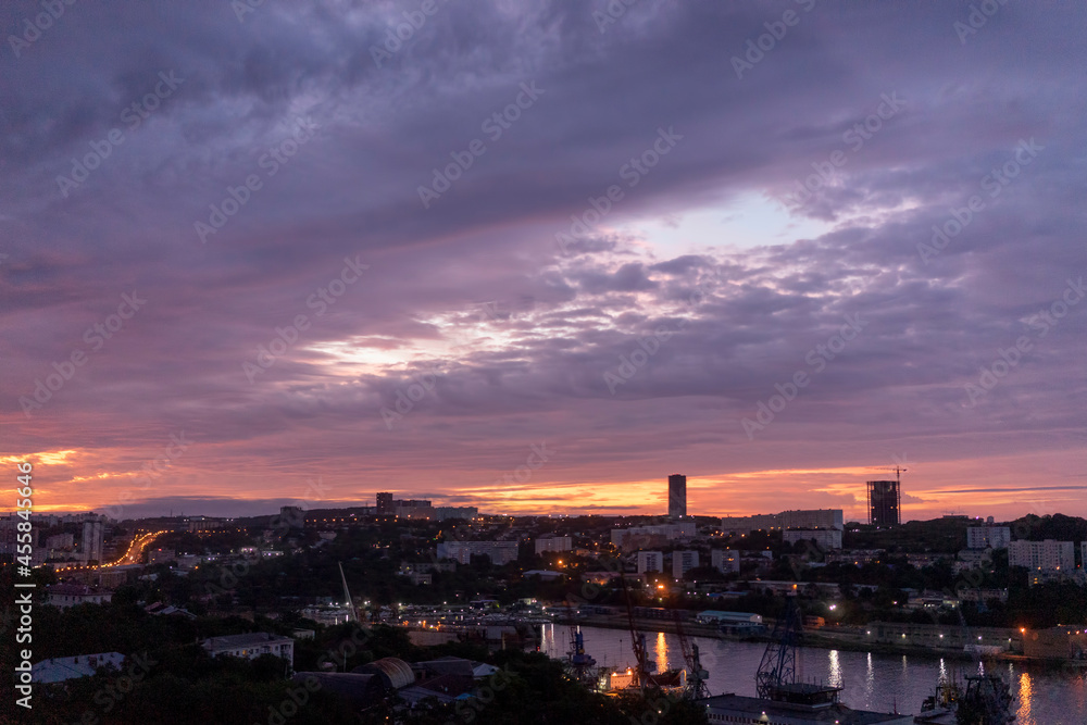 Beautiful sunrise over the city landscape. Vladivostok