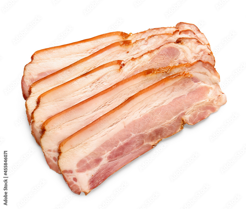 Slices of tasty smoked bacon on white background