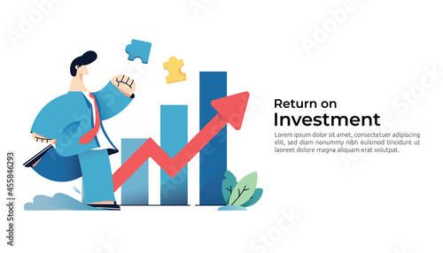 salary rate increase with growth up arrow and people character. business profit grow or income margin management revenue. Finance statistic performance of return on investment ROI illustration concept
