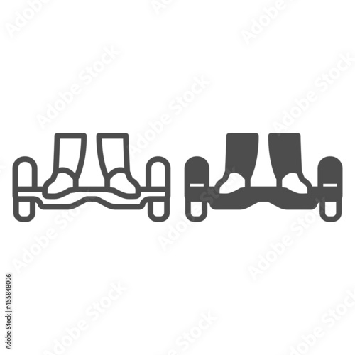 Legs on a gyroboard line and solid icon, electric transport concept, feet on gyroscooter vector sign on white background, outline style icon for mobile concept and web design. Vector graphics.