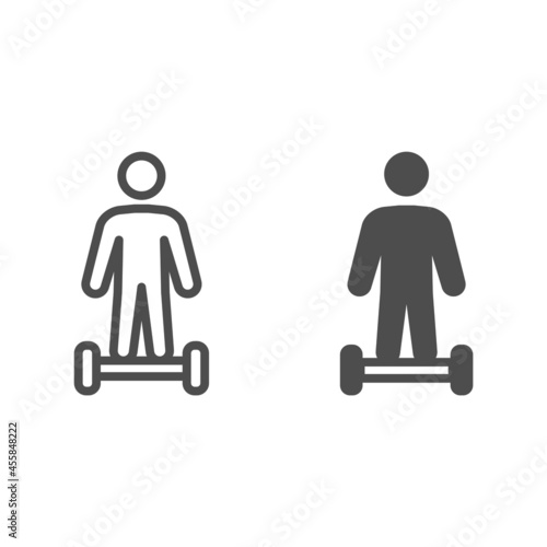 Man on gyroboard front view line and solid icon, electric transport concept, man on gyroscooter vector sign on white background, outline style icon for mobile concept and web design. Vector graphics.