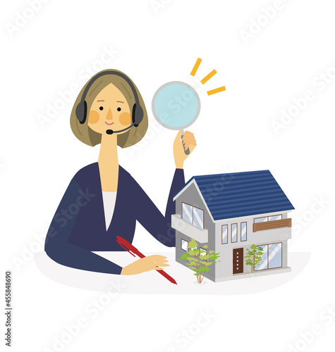 マイホーム診断する虫眼鏡を持った女性のベクターイラスト