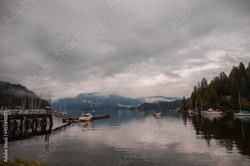 Deep cove after rain. Mountains, ocean, forest and cloudy sky. Harbor with yachts © joi