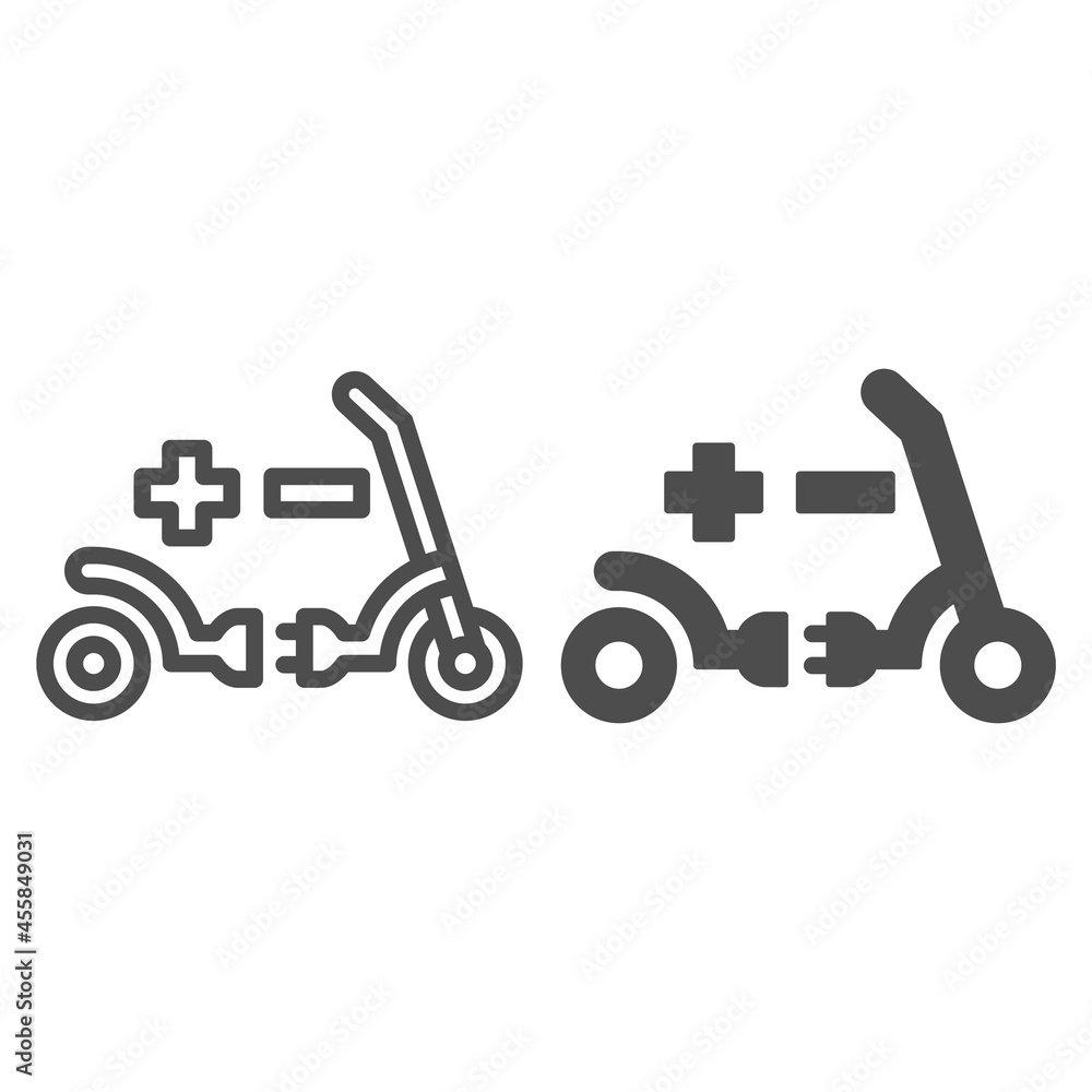 Electric scooter plug and socket line and solid icon, electric transport concept, charge power vector sign on white background, outline style icon for mobile concept and web design. Vector graphics. Electric scooter plug and socket line and solid icon, electric transport concept, charge power vector sign on white background, outline style icon for mobile concept and web design. Vector graphics.