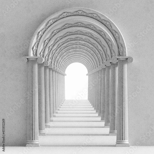 An authentic illustration of a tunnel made of arches with antique ornaments and a light at the end of the tunnel.3d render