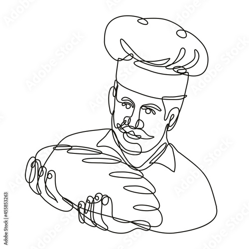 Continuous line drawing illustration of a baker holding bread loaf front view done in mono line or doodle style in black and white on isolated background. 