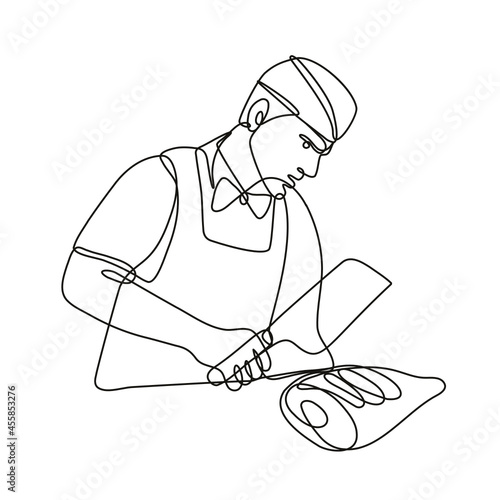 Continuous line drawing illustration of a butcher with meat cleaver cutting leg of ham done in mono line or doodle style in black and white on isolated background. 