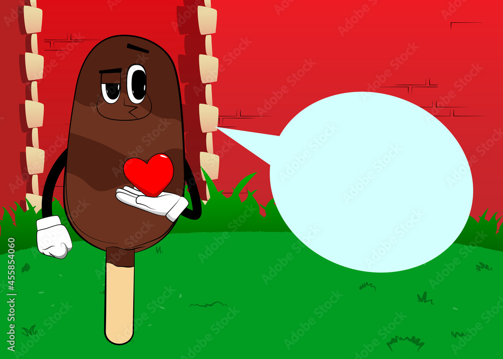 Ice Cream holding red heart in his hand. Summer refreshment, sweet food as a cartoon character with face. Ice Cream holding red heart in his hand. Summer refreshment, sweet food as a cartoon character with face.