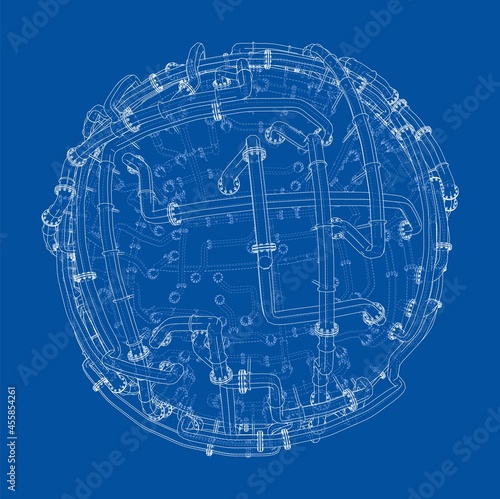 Pipes with flanges around a large sphere. Vector