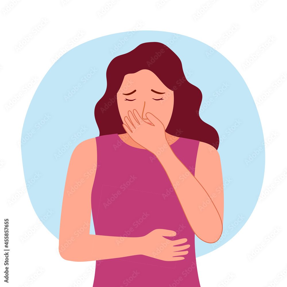 Woman suffering from vomit and closing mouth in flat design. Nausea vomiting symptom.