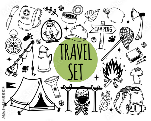 Set of vector camping and tourism icons. Hand-drawn hiking elements on a white background. A sketch of tourist equipment and tools. Collection of monochrome line art. A group of doodles.