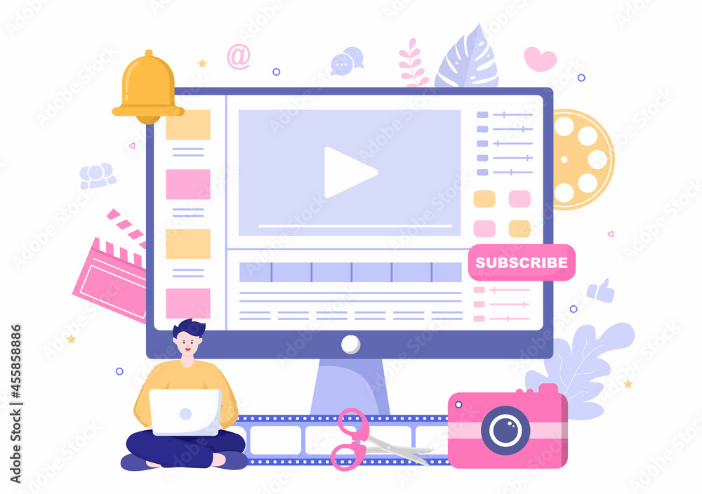 Fototapeta premium Content Creator Background Vector Illustration of Freelancer Blogger and Video Vlogger Production Can use for Poster or web Design Template