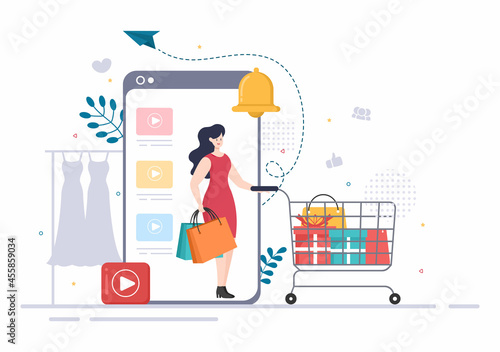 Video Beauty Blogger Content Creator Background of Making Clothing, Dress, Fashion, Online Shopping Flat Design Vector Illustration © denayune