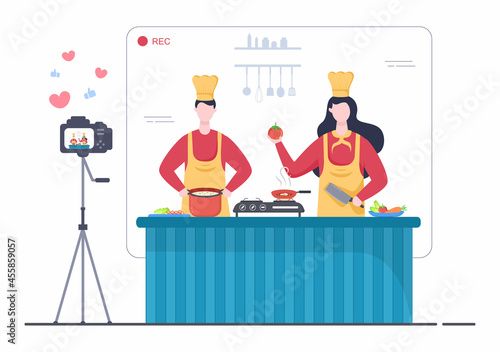 Food Cooking Blogger Background Create Content Creator About Making Good Food in the Kitchen at Home Flat Design Vector Illustration