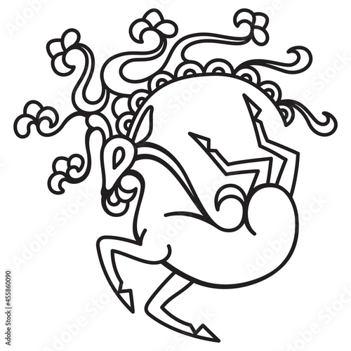 Siberian Ice Maiden Tattoo Vector Design.
Recreation of the ornate running deer tattoo with antlers and flowers found on the shoulder of the famous 2500 year old mummified Siberian princess.