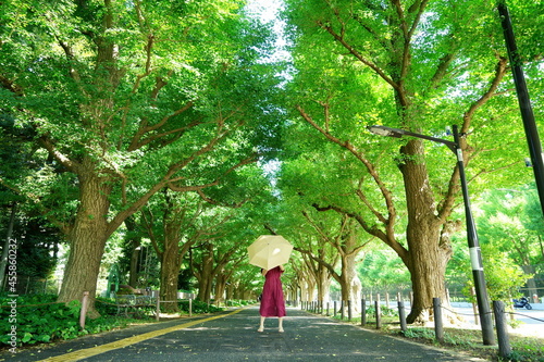銀杏並木の中央で黄色い日傘をさして立つ赤いワンピースの女性 © tomomi
