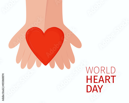 World Heart Day. In his hands is scarlet heart. topic of cardiology. Thematic medical postcard. Vector illustration, flat