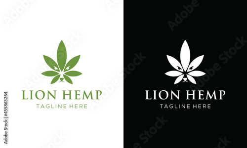 Modern logo Combination of abstract marijuana leaf with the face of canine family. King cbd health logo designs leaf lions.