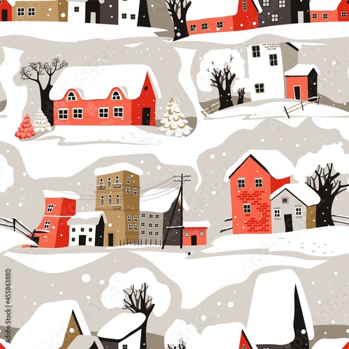 Winter city landscape with houses and buildings
