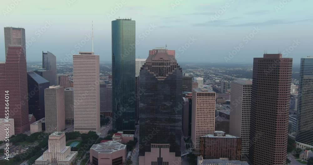 Establishing aerial shot of downtown Houston in the evening Establishing aerial shot of downtown Houston in the evening