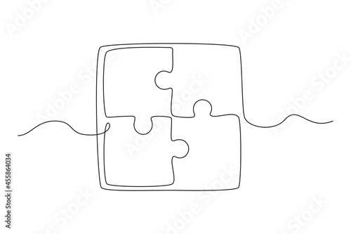 Continuous one line drawing of a joined pieces of Puzzle game on white background. Teamwork, cooperation and business strategy concept in doodle style. Editable stroke. Vector illustration