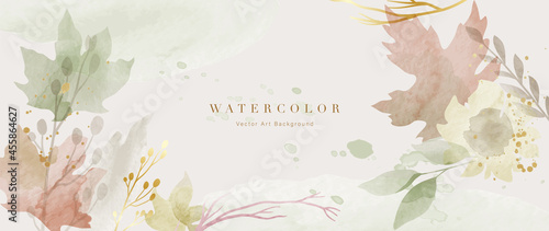 Autumn background design with watercolor brush texture, Flower and botanical leaves watercolor hand drawing. Abstract art wallpaper design for wall arts, wedding and VIP invite card. Vector EPS10