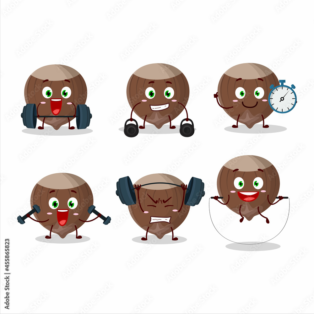 A healthy hazelnut cartoon style trying some tools on Fitness center A healthy hazelnut cartoon style trying some tools on Fitness center