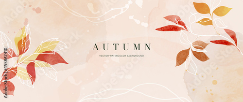 Autumn background design  with watercolor brush texture, Flower and botanical leaves watercolor hand drawing. Abstract art wallpaper design for wall arts, wedding and VIP invite card.  Vector EPS10