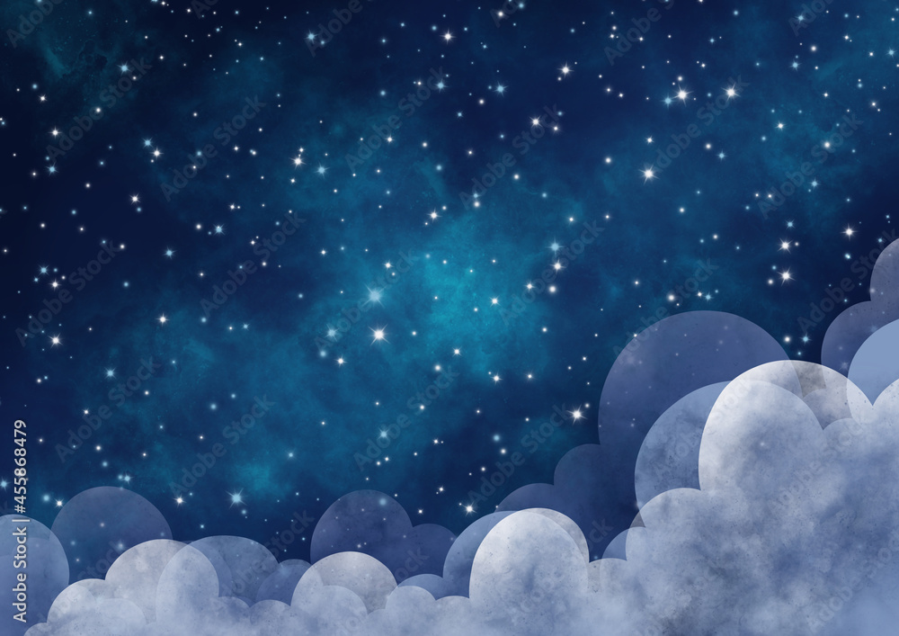 Night sky among the star and cloud landspace illustration border background for decoration on night concept and Christmas holiday. Night sky among the star and cloud landspace illustration border background for decoration on night concept and Christmas holiday.