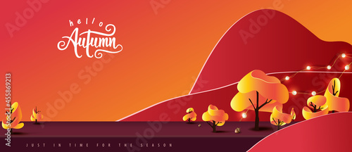 Autumn banner background with studio table room product display decorate autumn trees landscape 