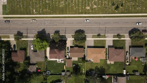 Aerial top down showing Neighborhood beside highway and cemetery in Welland,Canada photo