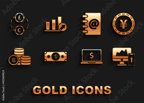 Set Stacks paper money cash, Laptop dollar, Cryptocurrency coin Bitcoin, Address book, Money exchange and Presentation financial graph, schedule, chart, diagram, infographic, pie icon. Vector