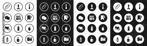 Set Tie, Office folders with papers and documents, Speech bubble chat, Paper clip, Bookmark, Stamp, Computer mouse and Folder settings gears icon. Vector